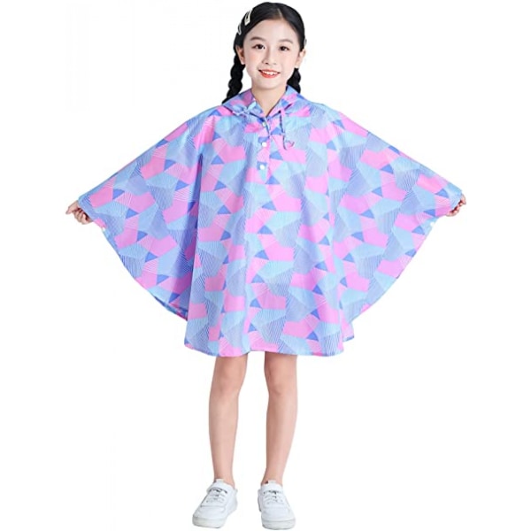 Kids Rain Poncho Hooded Jacket Rain Coat, Geometric Pink, L