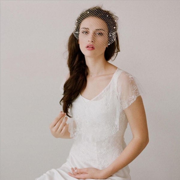 Brude Slør med Perle Kam 1920'erne Flapper Fascinator Net Slør Enkeltlags Fuglebur Slør til Bryllup（Elfenben 02）