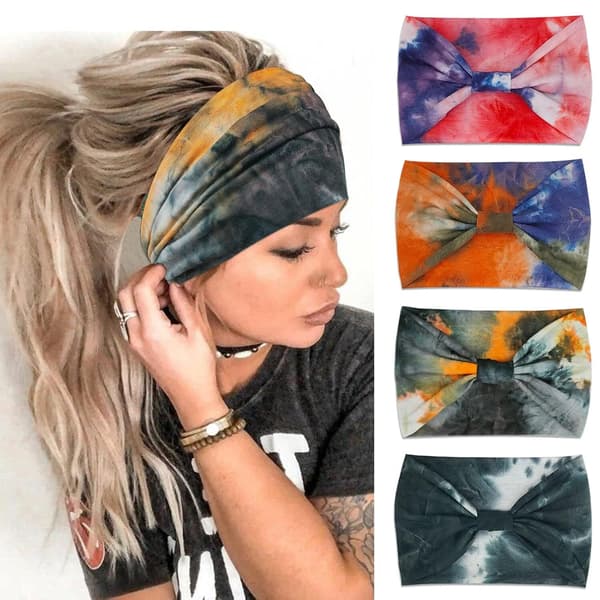 Breda Hårband för Kvinnor 4-Pack - Knutna Hårinpackningar, Stretchiga Tie Dye Håraccessoarer för Kvinnor & Flickor, Mjuka Elastiska Hårband Tie Dye2