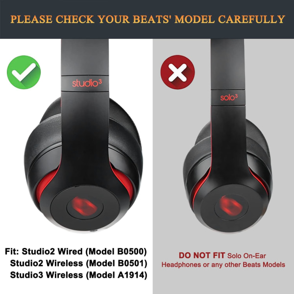Reservedeler Øreputer Puter for Beats Studio 2 & Studio 3 Kablet & Trådløs Hodetelefoner, Øreputer med Mykt Proteinlær, Støyisolerende Minne Skum