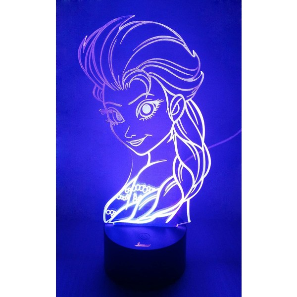 Princess Elsa 3D Nattlampa LED Illusion Lampa Sängbordsbordslampa, 7 färgskiftande lampor med platt akryl & ABS-bas och USB laddare