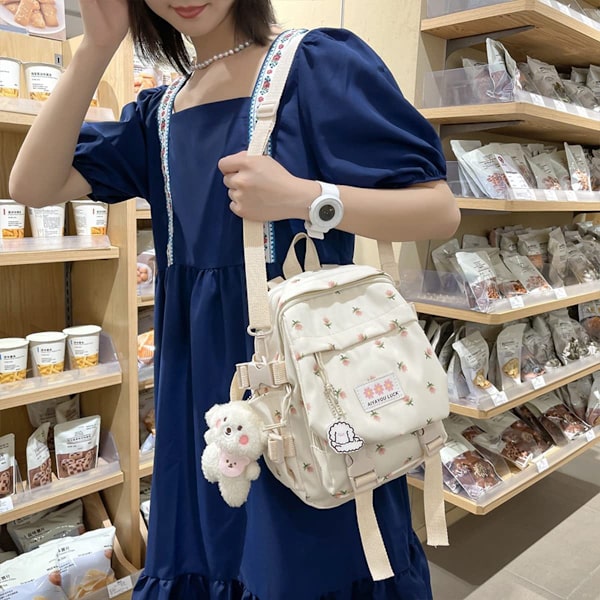 Kaunis 10,6 tuuman Kawaii-reppu riipuksen kanssa Mini tyttöjen reppu söpö koululaukku Japanilainen koululaukku Kukkareppu (Valkoinen)