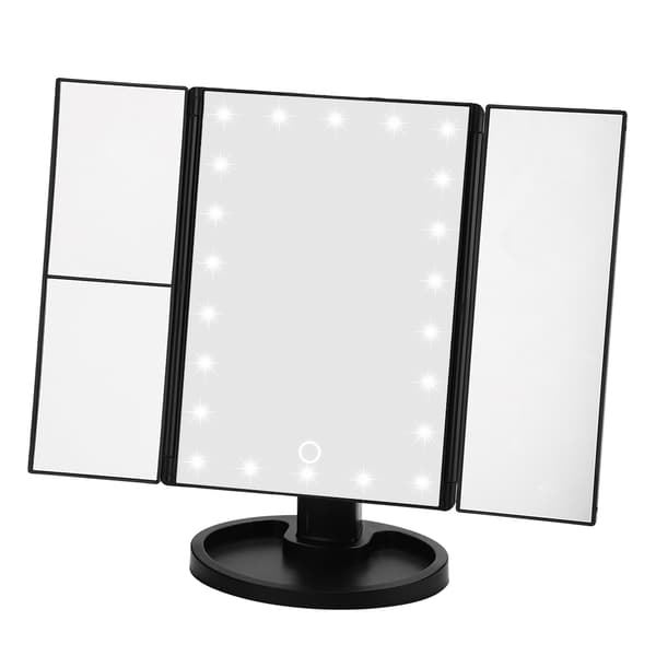 Tri Fold 22 LED Lys 360° Roterende USB Opladning Makeup Spejl Bordplade Touch Screen Sort
