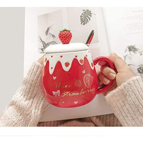 Hög skönhet kopp med cover sked mugg kvinnlig student koreansk version Härlig ins kaffekopp hushålls keramik frukost kopp (röd 2)