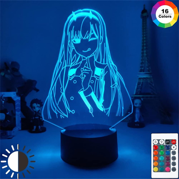 WJ Anime 3D Lampe Zero Two Figur, Darling in The Franxx til Børneværelse Dekoration Led Illusion Nattelys, 16 Farveændring, med Fjernbetjening