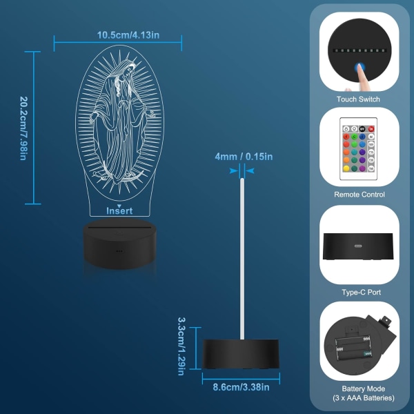 Jomfru Maria-gaver, WJ 3D Vår Frue nattlys illusjonshologramlampe 16 fargeskiftende med fjernkontroll + timer, LED beste bursdagskristne gave