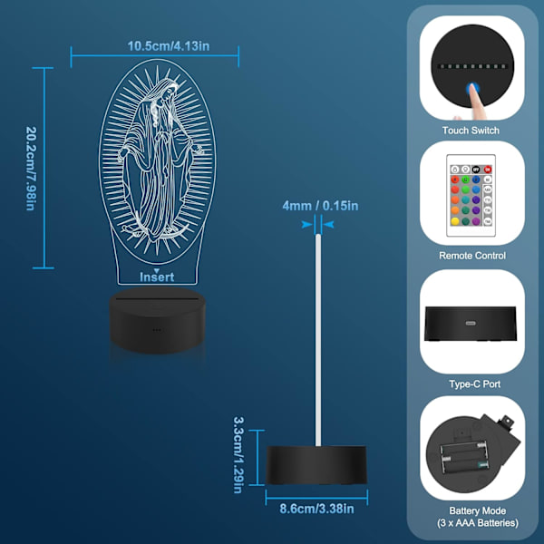 Jungfru Maria Gåvor, WJ 3D Vår Fru Nattljus Illusion Hologram Lampa 16 Färgförändring med Fjärrkontroll + Timer, LED Bästa Födelsedag Kristna Present