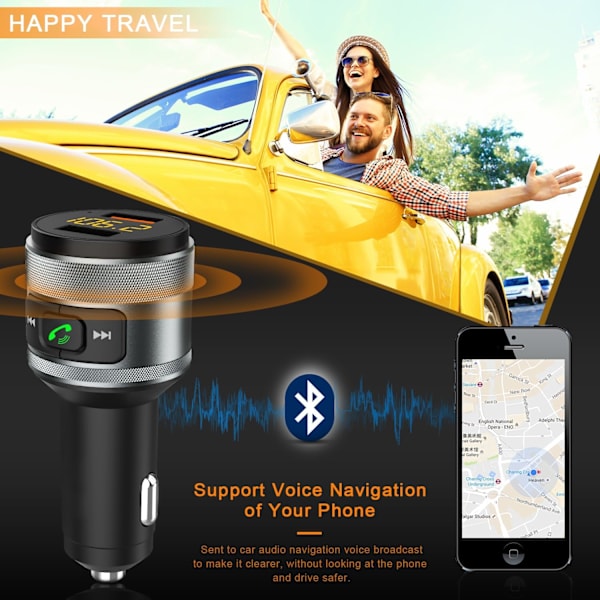 Bluetooth FM-sender til bil, 5.0 trådløs Bluetooth FM-radioadapter Musik afspiller /Bilkit og 2 USB-porte oplader Support USB-drev