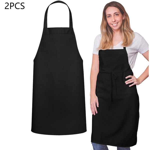 2-Piece Set Of Aprons - Unisex Black Apron, Machine Washable Apron, Kitchen Cooking Barbecue Apron (Pocketless, Black)