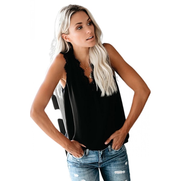 Kvinder V-hals Blonder Trim Casual Tank Tops Ærmeløse Bluser Skjorter --- Sort （Størrelse L）
