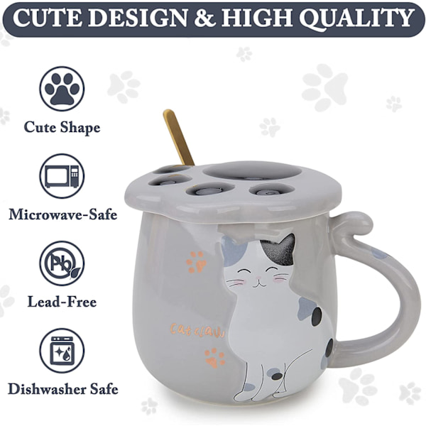 Söt katt kaffemugg, keramisk te mjölk kopp med söt katt lock och rostfritt stål sked, 14oz/420ml Jul födelsedagspresent  Grå