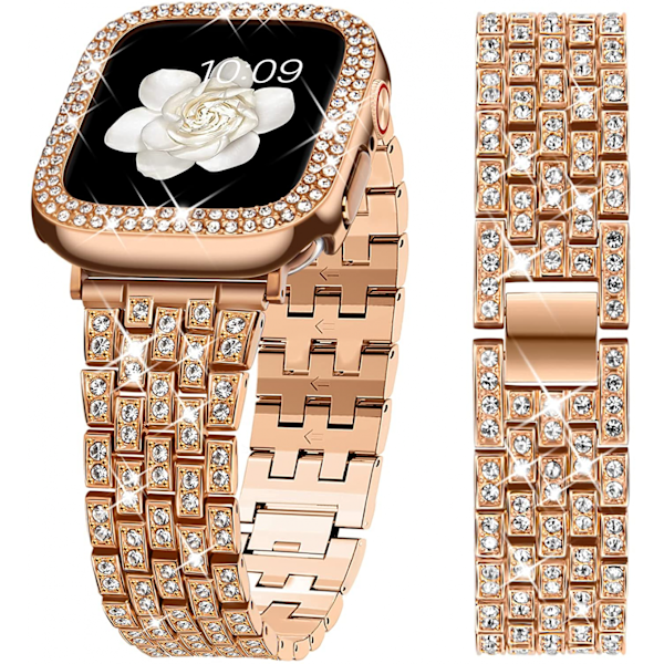 Yhteensopiva Apple Watch -ranneke kotelolla, sarjat iwatch6/5/4/3/2/1, Bling täystimantti-rihinakivi, naiset tytöt, ruusukulta (42 mm)
