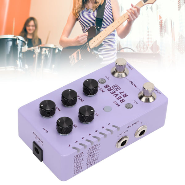 Reverb-effekt Stereo Elektrisk Gitar Enkelt Pedal Forhåndsinnstilt Veksel 14 Effekter R7 X2 100‑240VEU Plugg