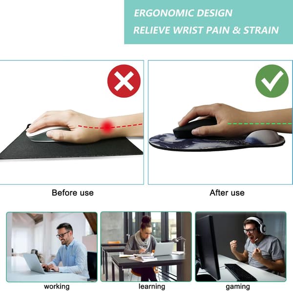 Musemåtte med håndledsstøtte, ergonomisk musemåtte med memory foam håndledsstøttepude, skridsikker gummibase Gaming musemåtte til hjemmet