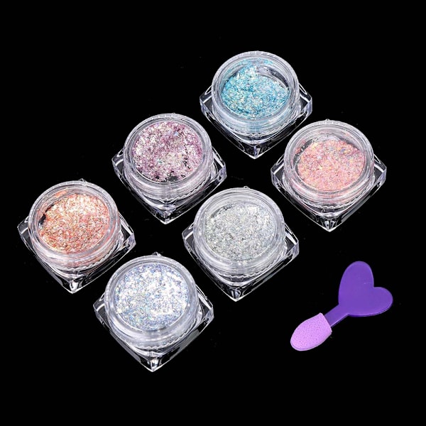6 färger nagelkonst glitterpulver nagel DIY dekoration paljetter manikyrverktyg med borste