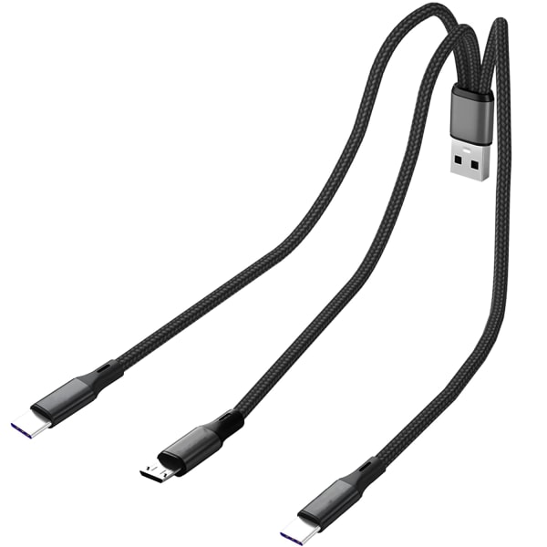 Multi USB C splitterkabel, USB A till Dual Type-C + Micro USB hane-laddningskabel, nylon kabel med 3x0,3 m kabel, 5A snabbladdning, kompatibel