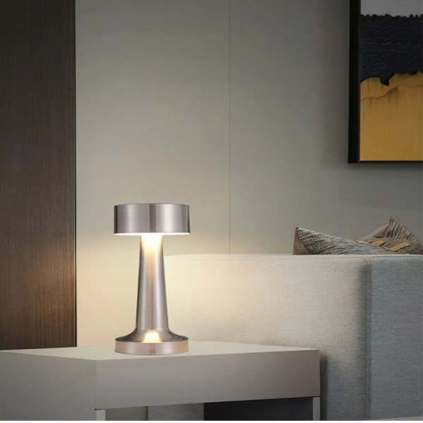 Minimalistiska hantlar LED sladdlös bordslampa, laddningsbar skrivbordslampa, 3 nivåers ljusstyrka nattlampa, metallhölje (silverfärgad)