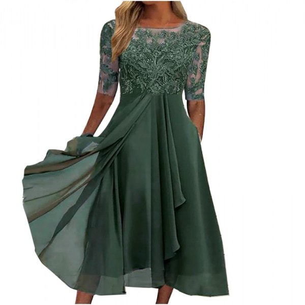 Women's Dress Chiffon Elegant Lace Patchwork Dress Cut-out Long Dress Bridesmaid Evening Dress(Green L)