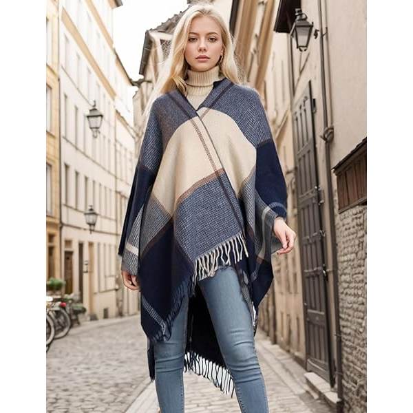 Damekappe med åpen front, reiseponcho, varm overdimensjonert pleddgenser, avslappet cardigan, sjal for høst og vinter, marineblå