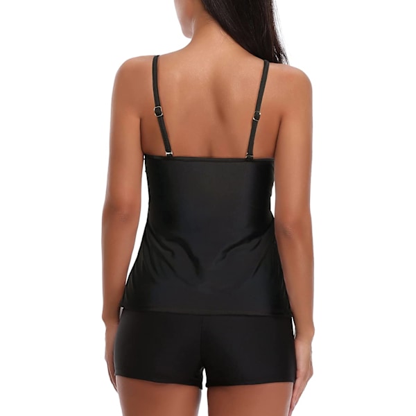 Kvinnors Tankini Badkläder Två Delar Mage Badkläder Volang Bad Tank Top med Pojk Shorts Badkläder (svart)L
