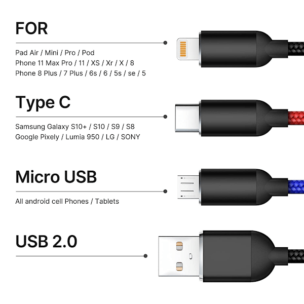 Multiladdningskabel, Multiladdningskabel Nylon Flätad 3 i 1 Laddningskabel Multi USB-kabel Snabbladdningskabel med Typ-C, Micro USB och IP-port,