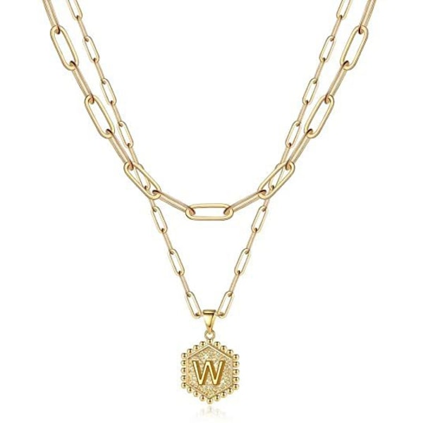 Wekity Damhalsband med lager och initialer, 14K guldpläterat gemkedjehalsband, enkelt och sött hex-alfabetiskt initialhänge, halsband med initialer, W