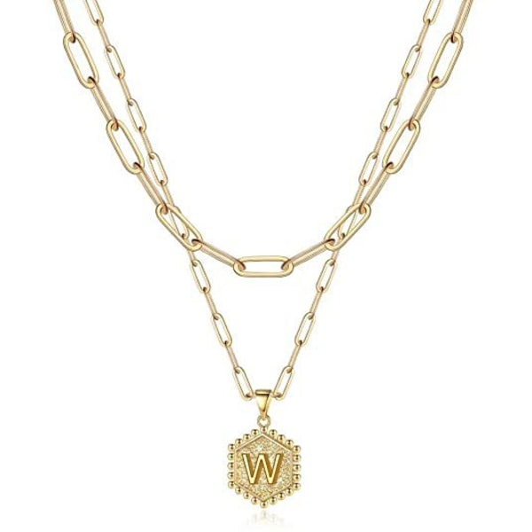 Wekity Kvinnors Layered Initial Necklace, 14K guldpläterad gem Kedja Halsband Enkelt sött Hex Alfabet Pendant Initialt Necklace,W