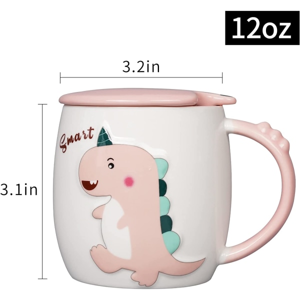 EPFamily Kaffe Krus med Låg og Ske 12oz 3D Sød Dinosaur Keramisk Krus til Venner Børn Gave Give til Jul Pink