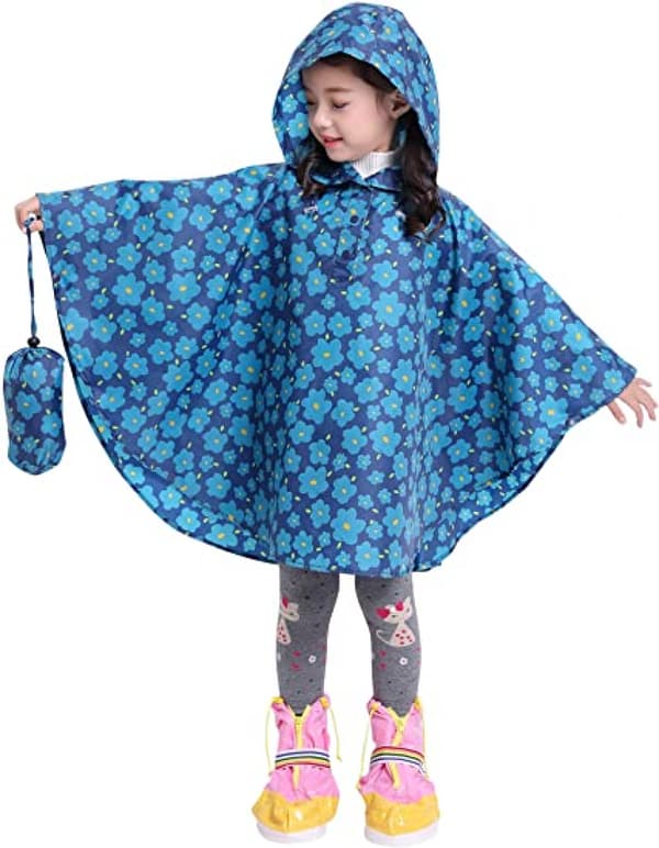 Barne regnponcho med hette, blå blomst, L