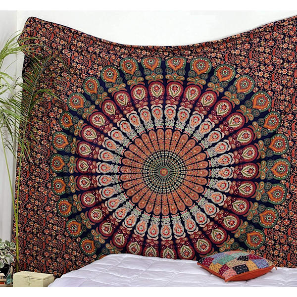 Wekity hippie Bohemian Psychedelic Golden Blue Peacock Mandala väggbonad sängöverkast (Golden Red Green, Storlek:51.2\" x 59.1\")