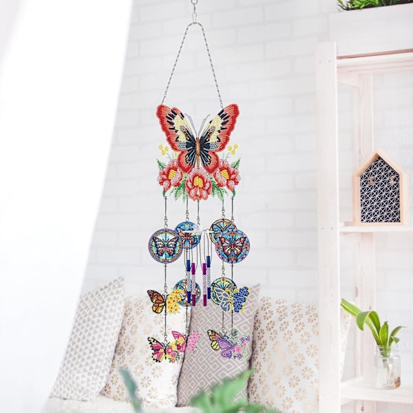Diamantmålning Vindspel, Solfångare Konst Vindspel Kit Dubbelsidig 5D Fjäril och Kolibri Hängande Ornament för Vuxna Butterfly B