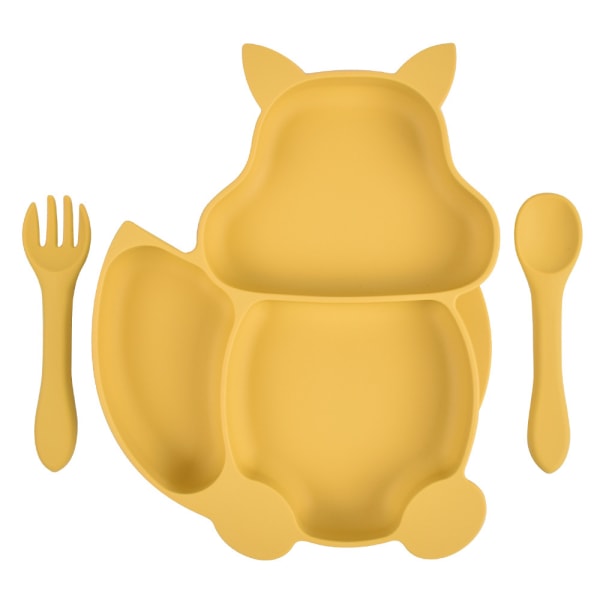 Bebek Tabağı Kase, Bebek Çatal Bıçak Takımı Mini Silikon Yemek Masa Takımı (Yemek tabağı + tahta saplı kaşık) Sarı 2
