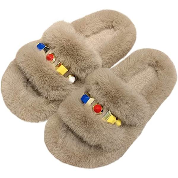 Kvinners søte, fuzzy plysj pels tøfler åpen tå fleece slip på tøfler sklisikre hussko sklier innendørs utendørs（ Décor Khaki）