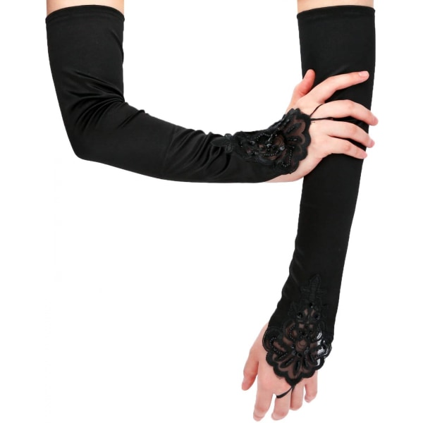 Fingerlösa långa handskar genomborrade armbågslängder satinhandskar 19 tum Stretchy Opera Evening Party 1920-talshandskar för kvinnor, svart