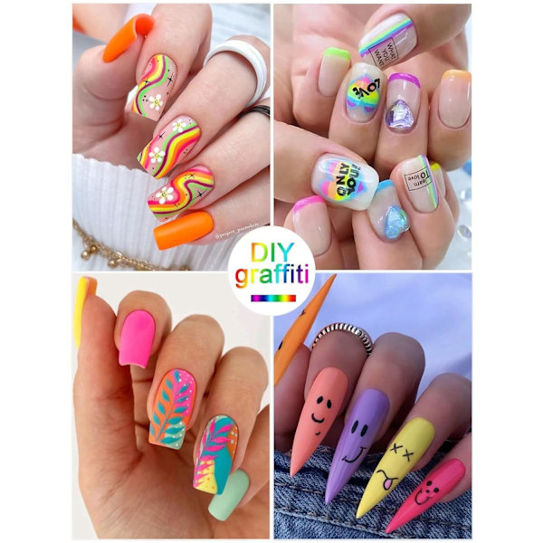 12 Färger 3D Nagelkonst Pennor Set, Kalolary Nagel Pennor Nagel Punkt Graffiti Prick Penna Ritning Målning Liner Borste för DIY Nagelkonst A