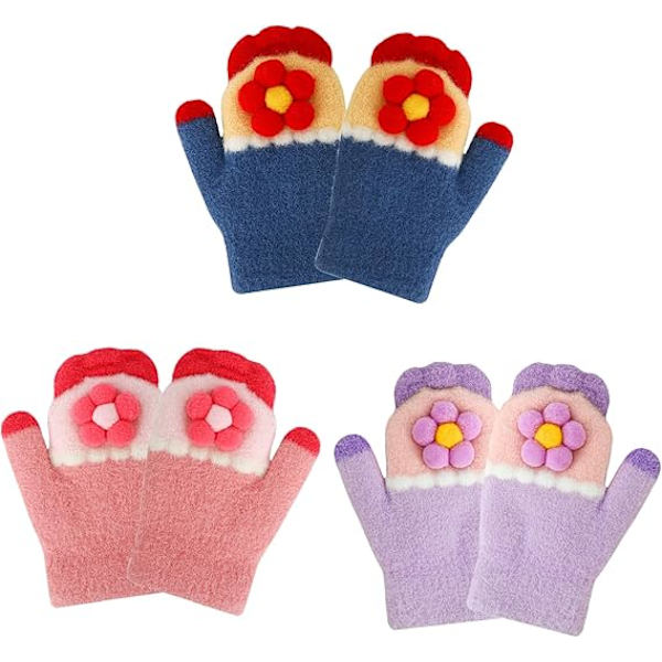 Baby Vantar Vinter Varma Stickade Vantar Magiska Stretchvantar med Fluffigt Foder för Barn Småbarn Flickor 1 2 3 År Gamla, 3 Par