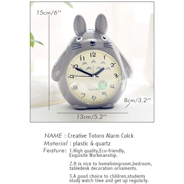 Til Totoro-tema, Snooze-funktion, lydløs og LED-natlys-ur - Den bedste gave til børn, teenagere og venner, Grå
