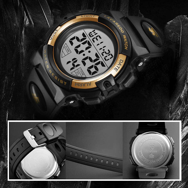 Barnklocka, Pojkklocka för 6-15 år gamla pojkar, Digital Sport Outdoor Multifunktionell Kronograf LED 50M Vattentät Alarm Kalender Analog Klocka（Guld）
