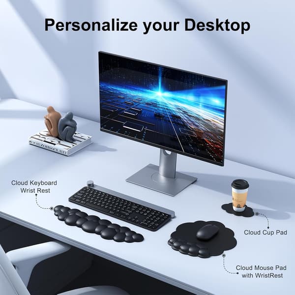 Ergonomisk sort håndledsstøttesæt - Sky-musemåtte med håndledsstøtte og tastaturhåndledsstøtte til computer/bærbar computer - Komfortabel gaming & black