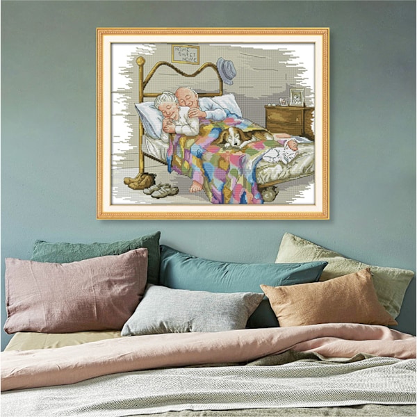 14CT Tællede Korssting Kits DIY Korssting Sæt Det Gamle Ægtepar Utrykt Stof Håndbroderi Kit Syning 18''x14''