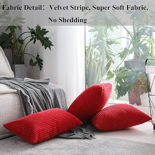 Pudebetræk 20x20 Jule Dekorative Sæt af 2 Solid Supersoft Cordfløjl Striber Firkantede Pudebetræk, 20 x 20 tommer (50cm), Rød