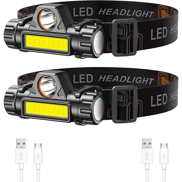 Uppladdningsbar pannlampa 2-pack, superljus och lätt LED-strålkastare, justerbar vinkel- och remlampa, vattentät strålkastare Ficklampa för Runnin