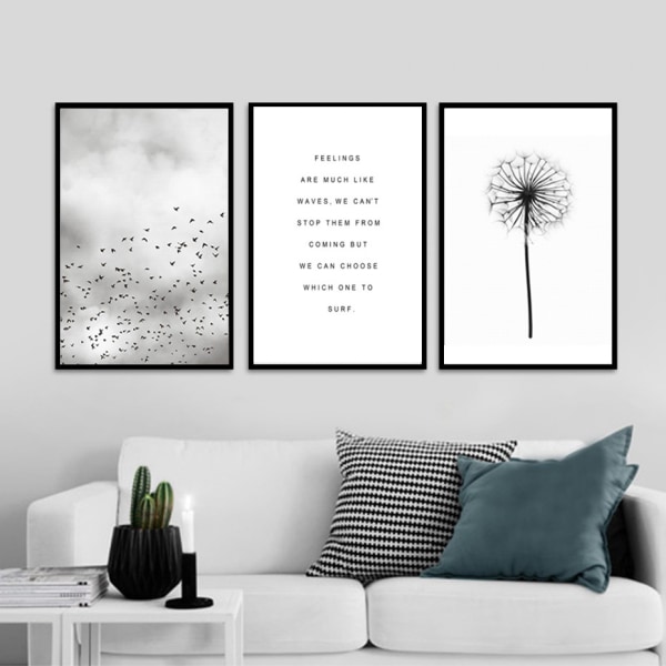 Fågel- och maskrosväggkonst, canvas-tryck, affisch, enkel modern svartvit konst, ritningsdekor (set med 3, oramade, 20''x28'')