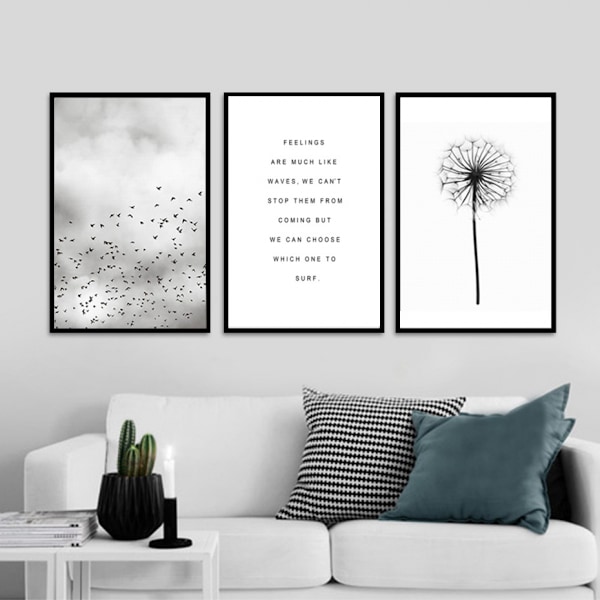 Fåglar och maskrosor väggkonst canvas tryck affisch, enkel mode svartvitt konst ritning dekor (Set om 3 oramade, 16''x20'')
