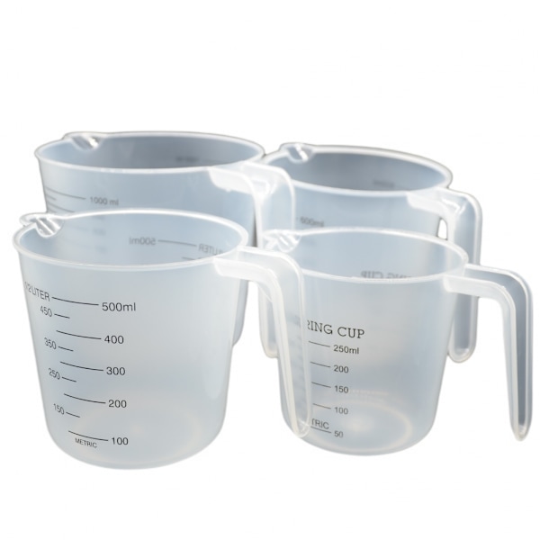 4-delad mätkopp för bakning, 250/500/600/1000 ml set, hushållsmätkopp i plast, transparent graderad kopp