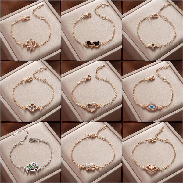 9 stk Delikate Gullarmbånd for Kvinner, Justerbare Lagdelte Armbånd Søte Onde Øye Ovale Kjede Dame Smykker, Beste Gaver til Familie eller Venner