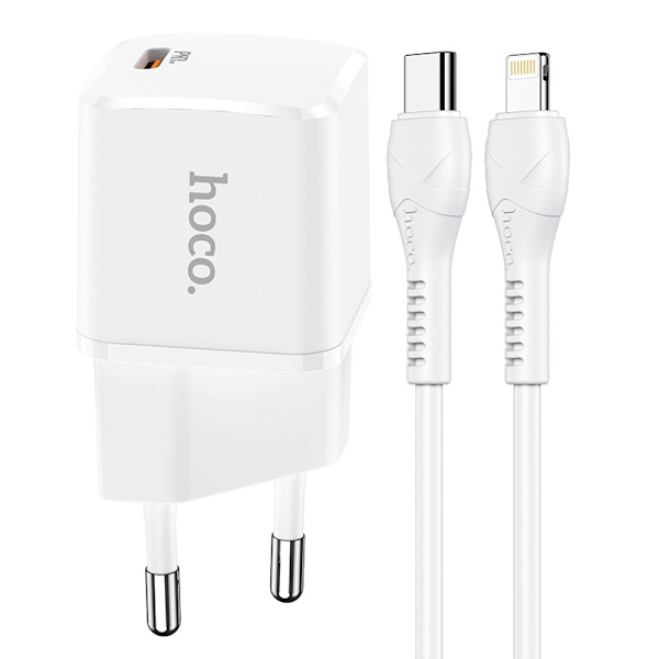 hoco. N10 Zhiwei enkelport PD20W laddare set lämplig för iPhone12 mobiltelefon europeisk standard laddningshuvud set