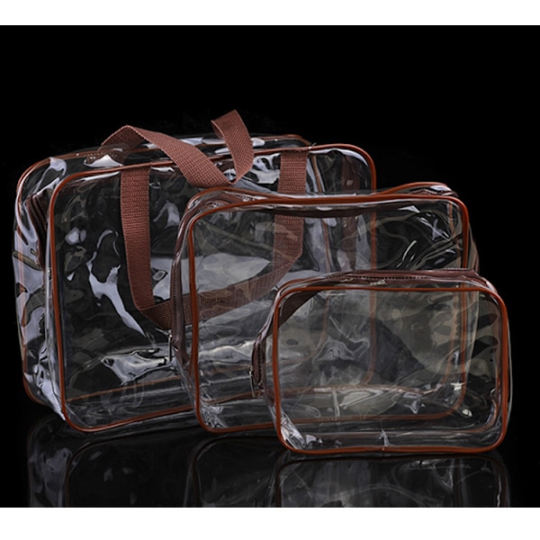 3-delad transparent kosmetikväska, vattentät plast reseväska, vattentät transparent PVC reseväska (kaffe)