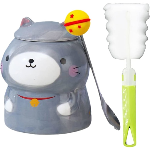 Kattmugg med lock 3D-mugg Keramisk kaffekopp för barn Mjölkkopp Tekopp Present Kontor Hem (katt, grå, 450 ml)