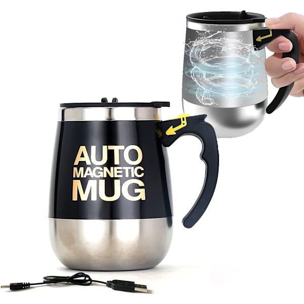 Självständig omrörningsbar mugg - Magnetisk elektrisk automatisk blandningsmugg i rostfritt stål för kontor/kök/resor - 400 ml/13,5 oz, svart